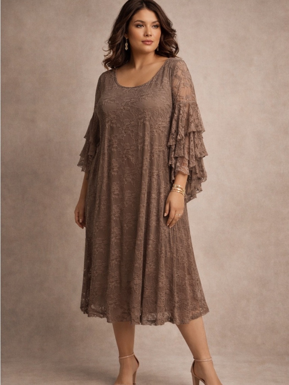 NWT Signature by Robbie Bee Brown Lace Midi Dress With Layered Ruffle Sleeves 1X